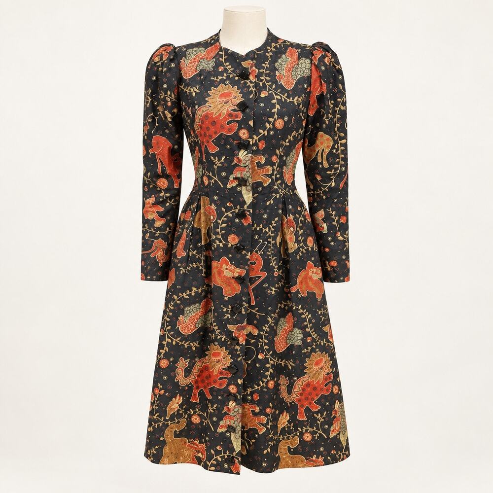 Folk Art Animal Print Button Front Dress Coat Puff Sleeve Duster Women’s XS -
